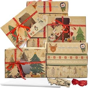 12 Packs Brown Christmas Cookie Boxes with Window for Gift Giving,Cartoon Christ